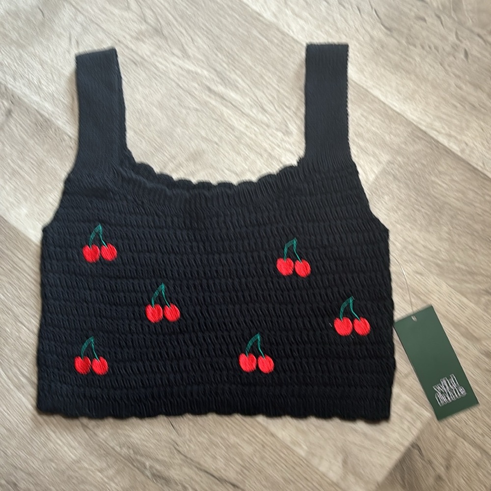 Black Knit Cherry Crop Top